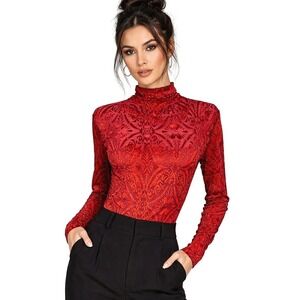 Miduo Womens Top‎ L NWT Burnt Orange Office Burnout Velvet Sheer Flocked Retro